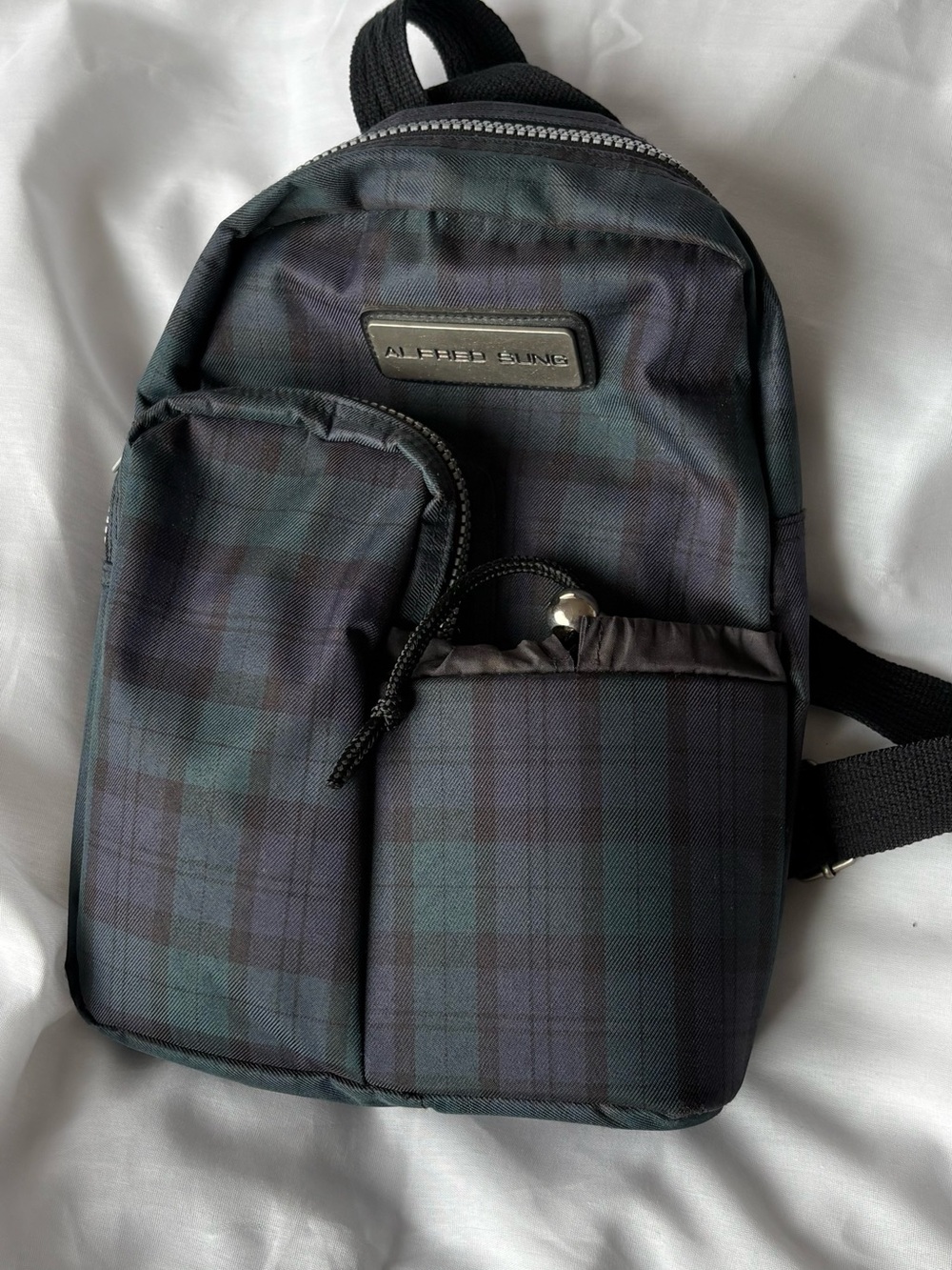 ALFRED SUNG Black and Dark Green Plaid Compact Backpack